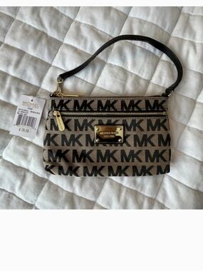 Michael Kors Tan and Black MK Logo Wristlet with Gold Hardware